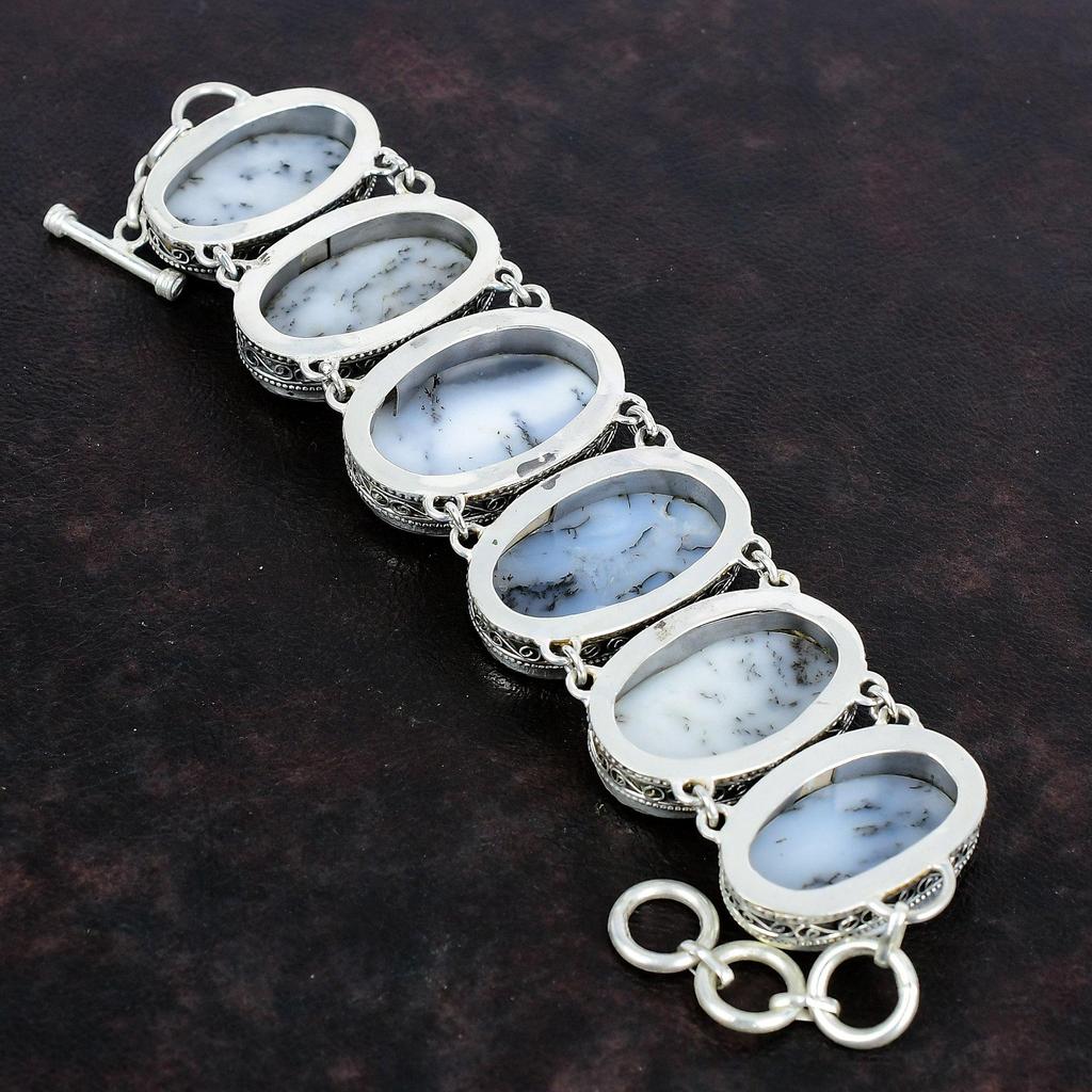 Браслет из опала с дендритом, ювелирные изделия из драгоценных камней, изящный винтажный браслет из стерлингового серебра 925 пробы, регулируемый браслет-цепочка, подарок для мамы