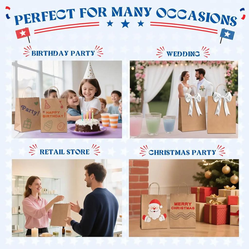 Kraft Bag Paper Gift Bags Reusable Grocery Shopping Bags for Packaing Craft Gifts Wedding Business Retail Party Bags