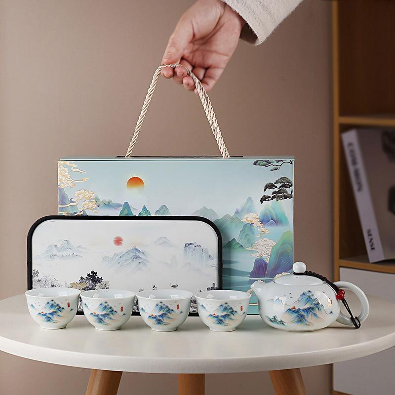 Portable ceramic express cup, one pot of four cups travel tea set, Guochao landscape gift box, business souvenir