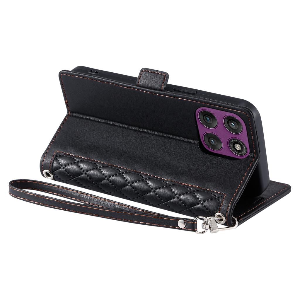 For Motorola Edge 60 Pro 5G Leather Case Rhombus Texture Wallet Stand Phone Cover with Wrist Strap