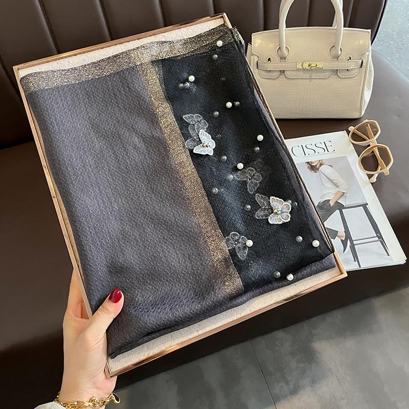 Женская мода Бабочка Вышитый шарф Однотонный Шелковый Льняной Платок Шарфы Летние Женские Банданы Платки Хиджаб