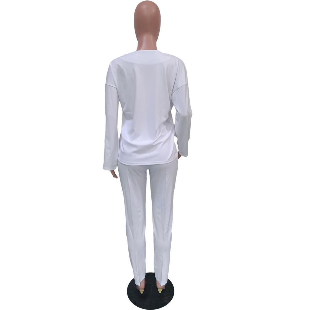 Женский комплект из двух предметов из плотной ткани Весна-Осень, Свободный топ с круглым вырезом и удобные брюки, Повседневный однотонный костюм для ежедневной носки