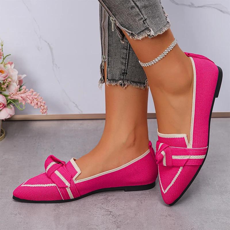 Fashion Women Knitting Bow Pointed Toe Shallow Flats Loafers Shoes 2024 Autumn Fashion New Casual Shoes Cozy Walking Trend Femme Shoes