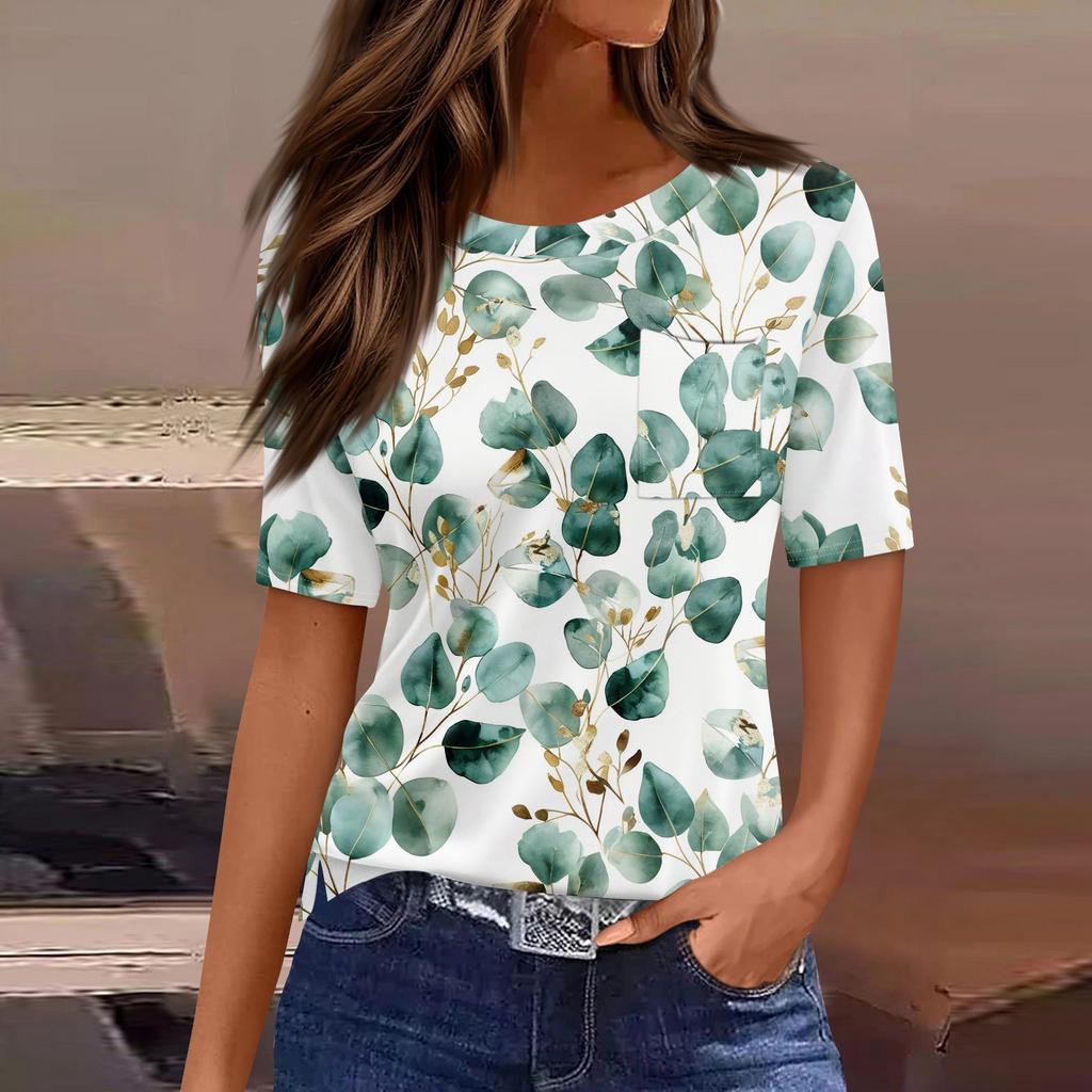 Футболки для женщин с круглым вырезом, нарядные повседневные блузки с принтом, короткие рукава, летние топы свободного кроя