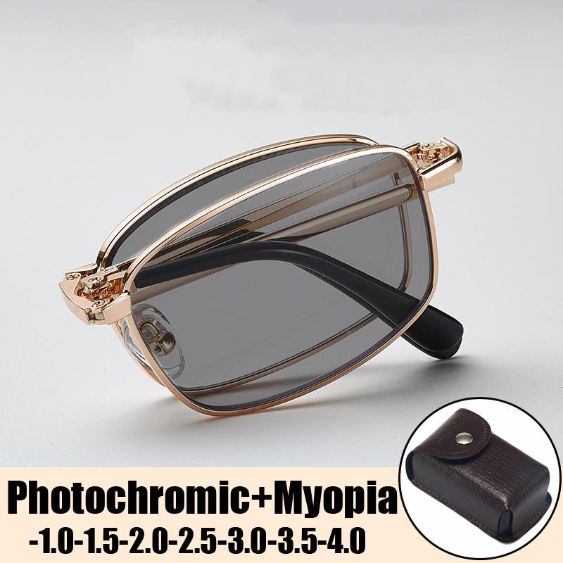 Luxury Foldable Business Men's Myopia Glasses with Leather Box Finished Prescription Minus Diopter Eyeglasses 0 To -4.0 Eyewear