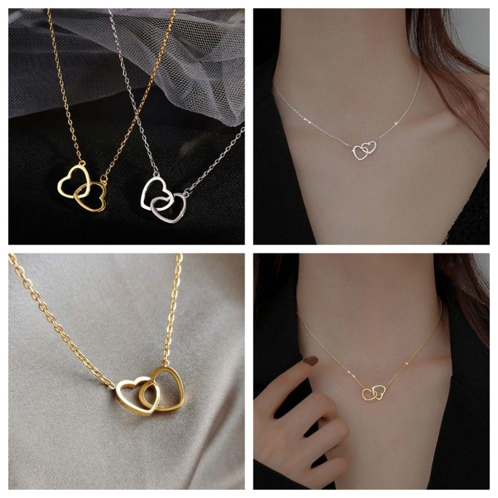 Double Heart Clavicle Choker Alloy Pendant Necklace Fashion Love Drop Necklace
