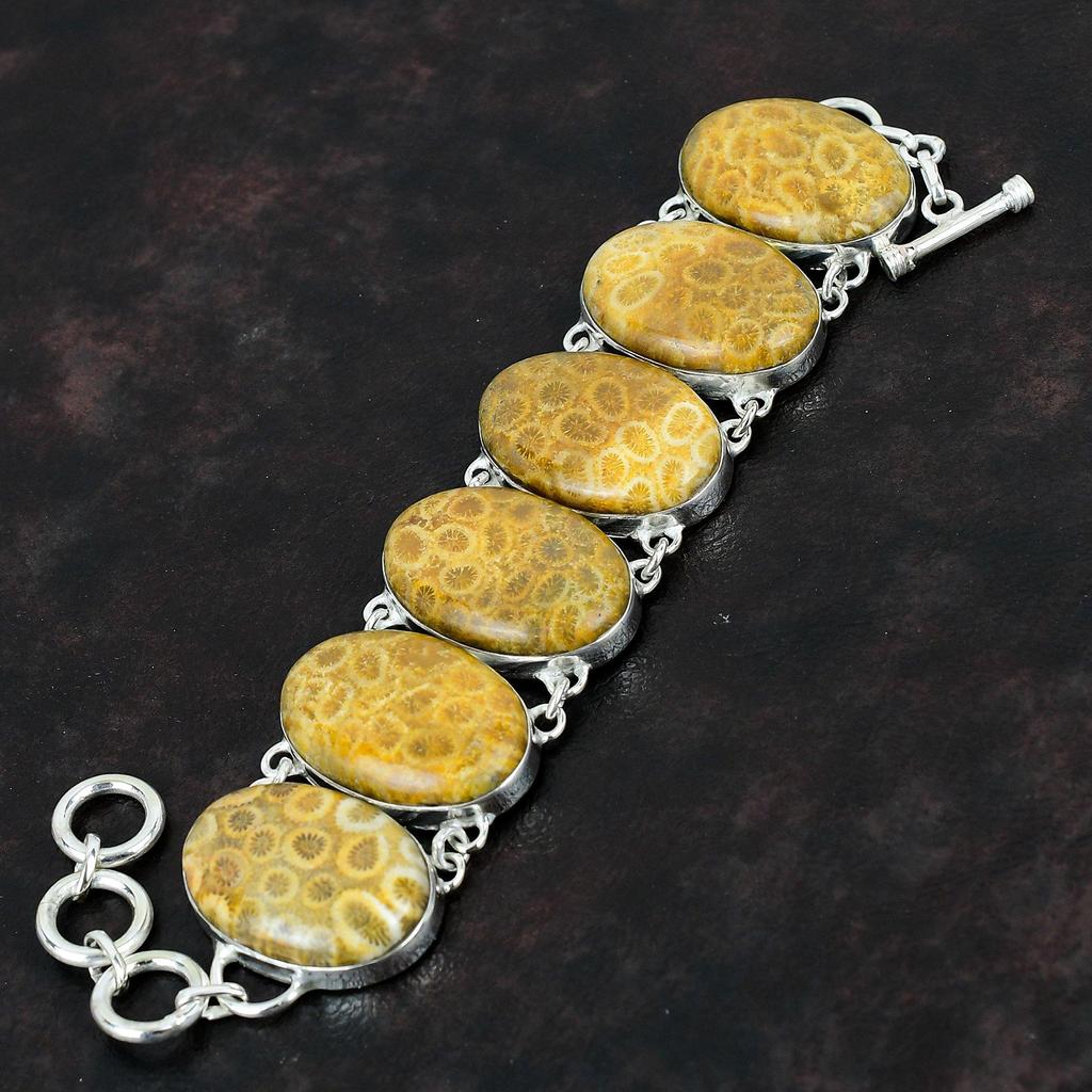 Браслет из ископаемого коралла Браслет из натурального драгоценного камня Браслет из стерлингового серебра 925 пробы Регулируемый браслет-цепочка Изящный ювелирный подарок ручной работы для жены