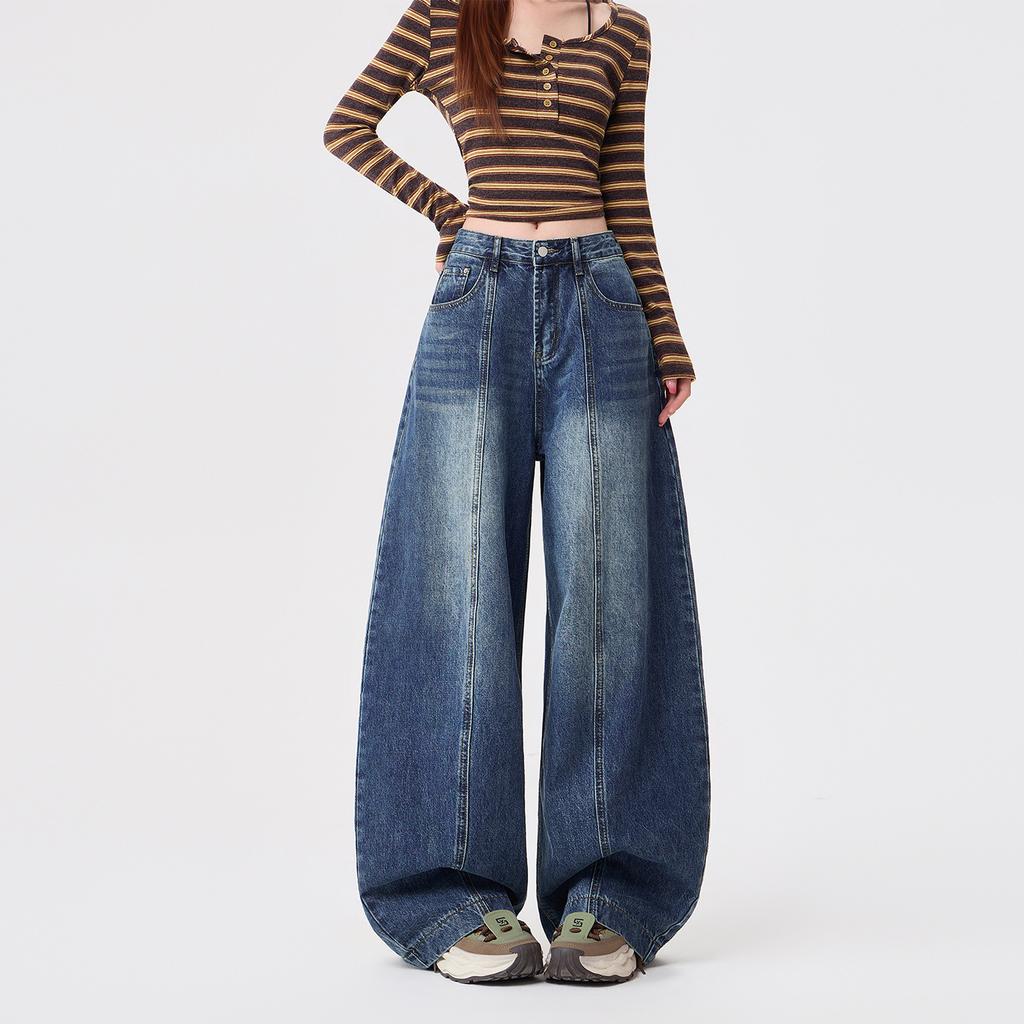 American retro dark blue scimitar jeans women's spring and summer new lazy wind low waist and thin meat-covering wide-leg pants