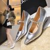 Spring New Retro Silver Wedge Heel Pointed Mary Jane Shoes Versatile Model Light Mouth One Word Buckle Belt High Heel Single Shoes Women