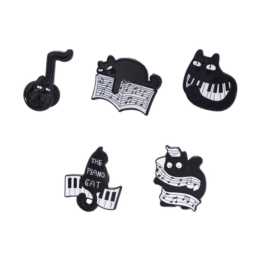 Purring Kitten Black Cat Enamel Pin Cartoon Beating Note Brooch Exquisite Piano Cat Badge  Skirts