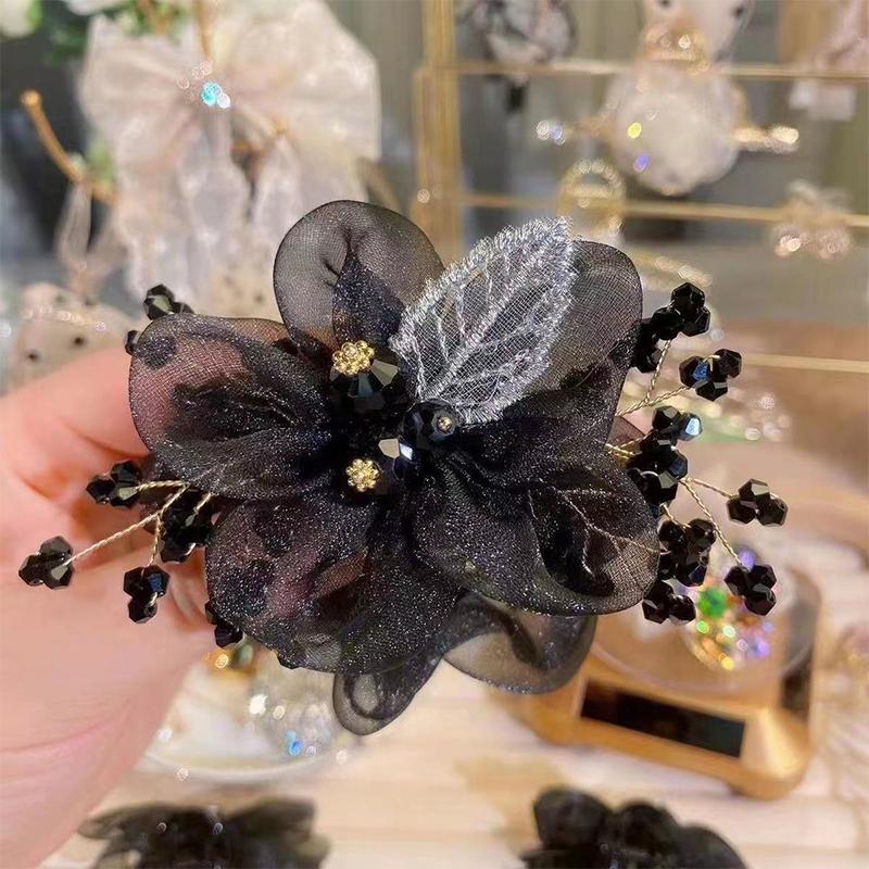 Elegant Rhinestone Flower Tie Hair Rope Female Ponytail Ball Head Rubber Band Scrunchie Ring