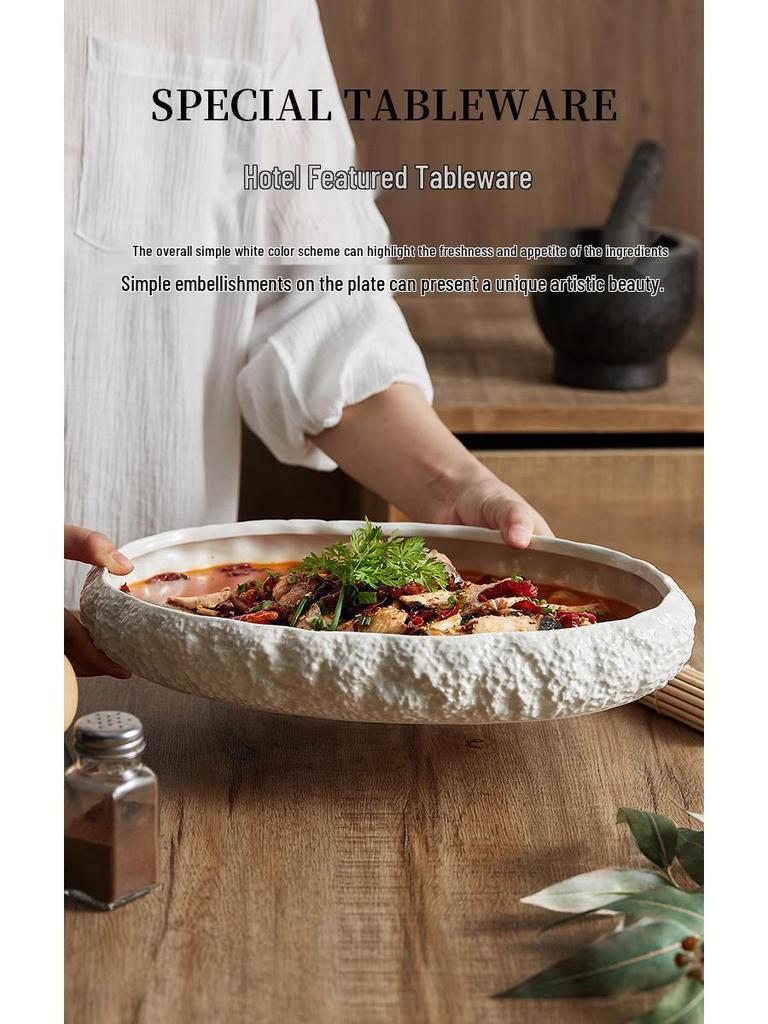 Большая керамическая тарелка для морепродуктов с текстурой камня для отеля и дома - издание 2025 года
