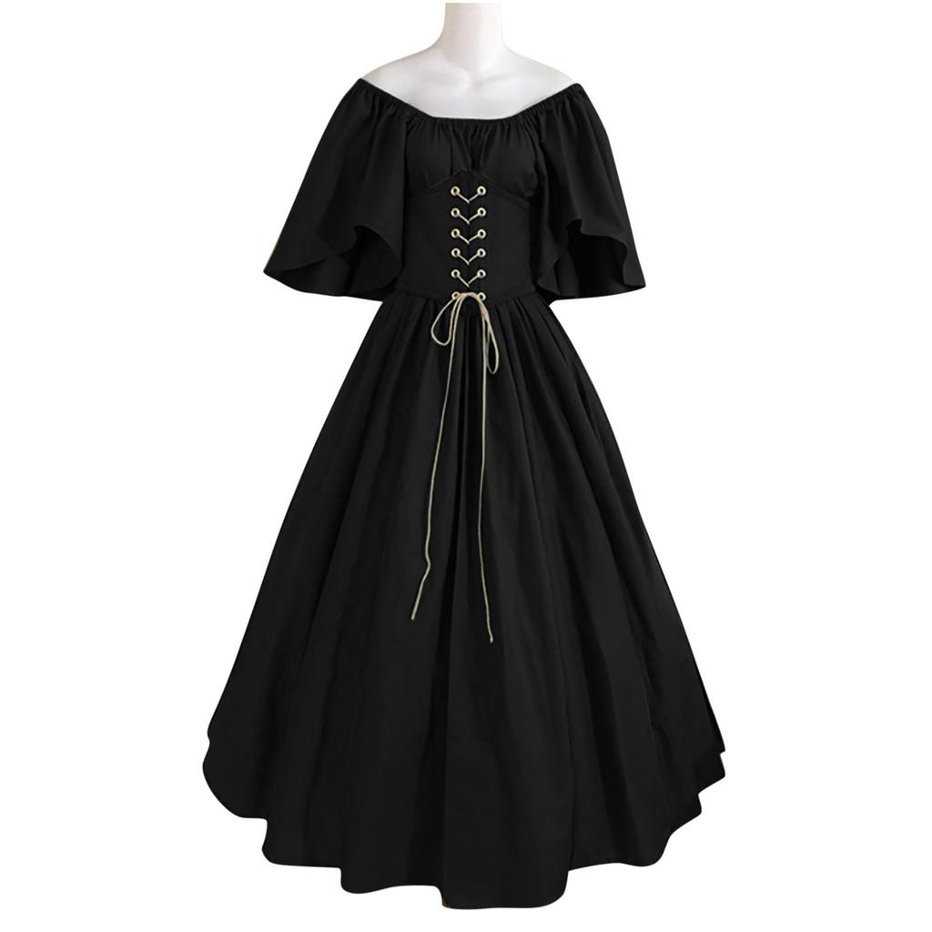 Women's Round Neck Dress Flare Sleeve Off Shoulder Medieval Vintage Dresses with Corset Patchwork Ball Gown