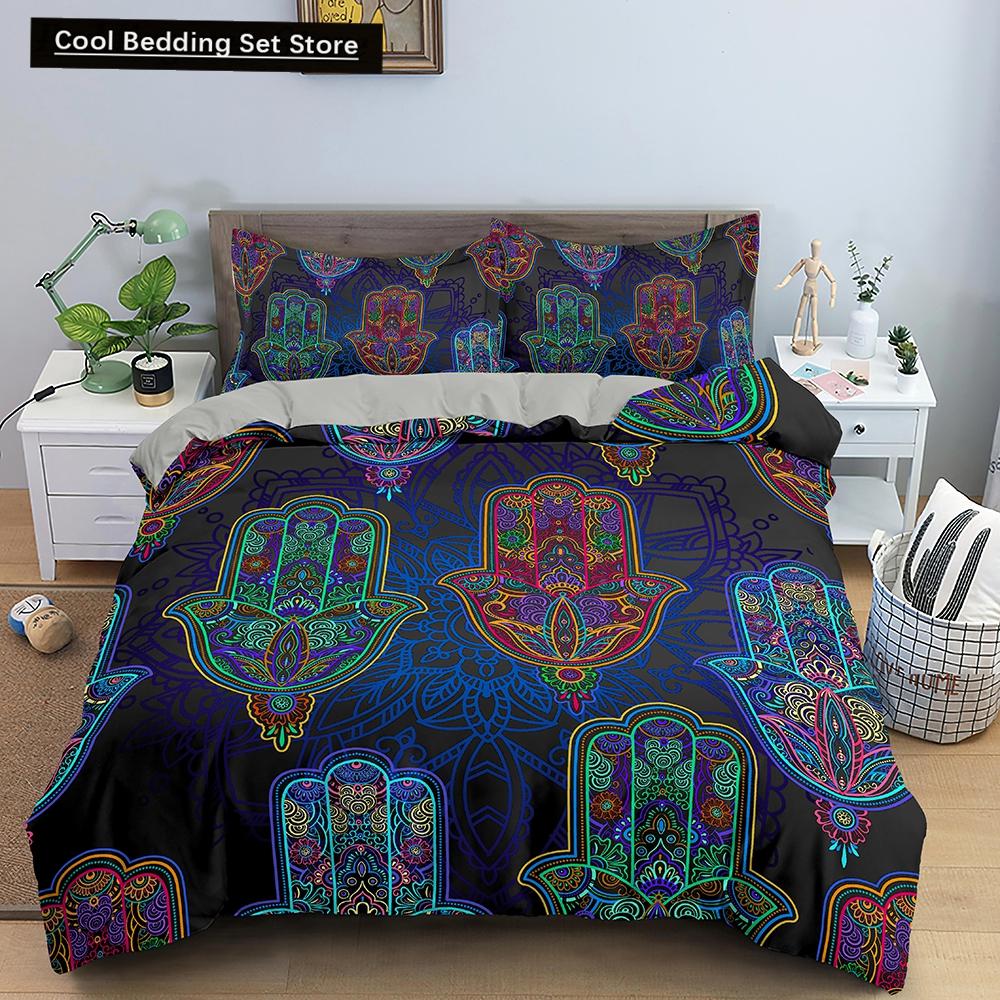 Comforter Hamsa Hand King Queen Gold Lucky Hand Of Fatima Bedding Set Black Boho Hippie Polyester Comforter