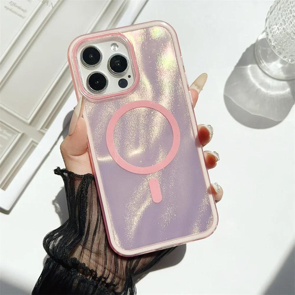 Чехол для телефона Aurora Laser с ослепительным блеском и водной рябью для iPhone 16 Pro Max 14 15 Plus 11 12 13 для магнитной задней крышки Magsafe