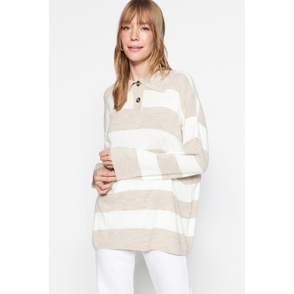 Черный полосатый трикотаж с воротником-поло Tctaw23kz00039