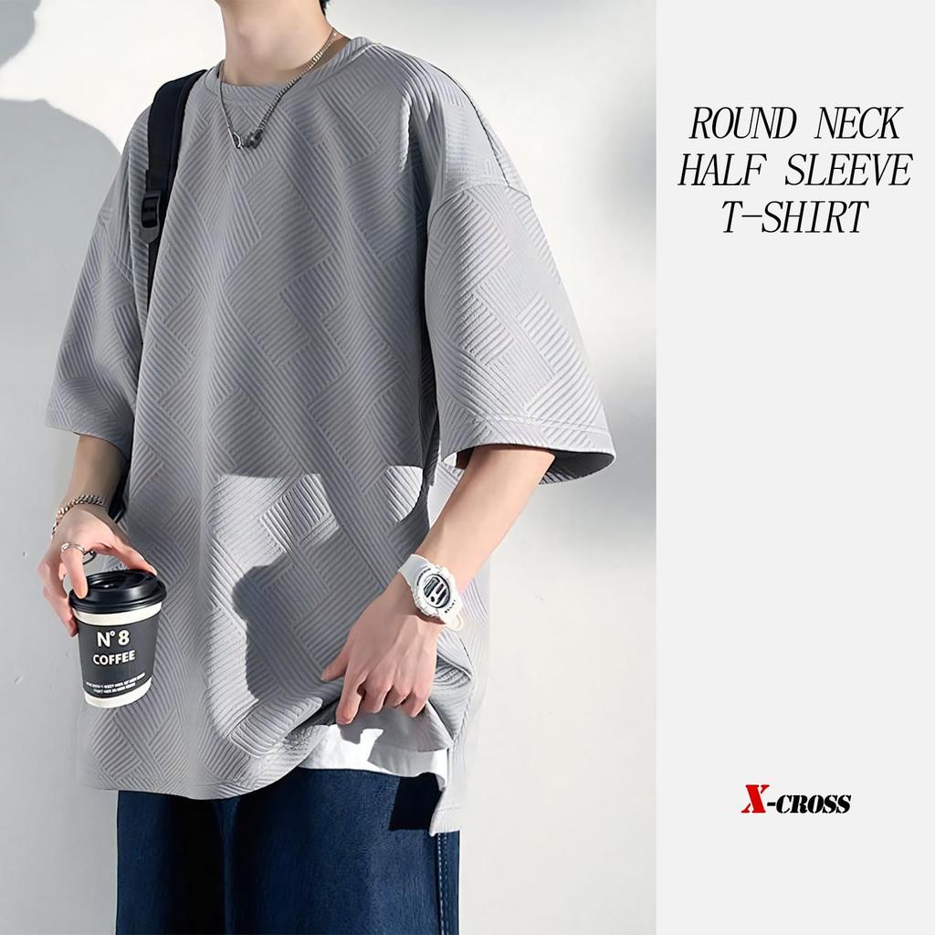 Рукав Однотонный Свободный Круглый Большой Круглый Корейский Уличный Короткий Простой Серый Икс-образный Мужская Футболка 3/4, Цвет, Посадка, Непрозрачный, Стильный, Оверсайз, Горловина, Силуэт,