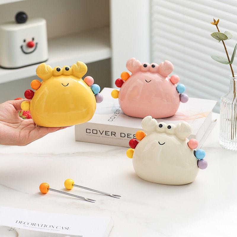 Набор из 6 милых десертных фруктовых вилок из нержавеющей стали с керамической банкой для хранения в форме краба