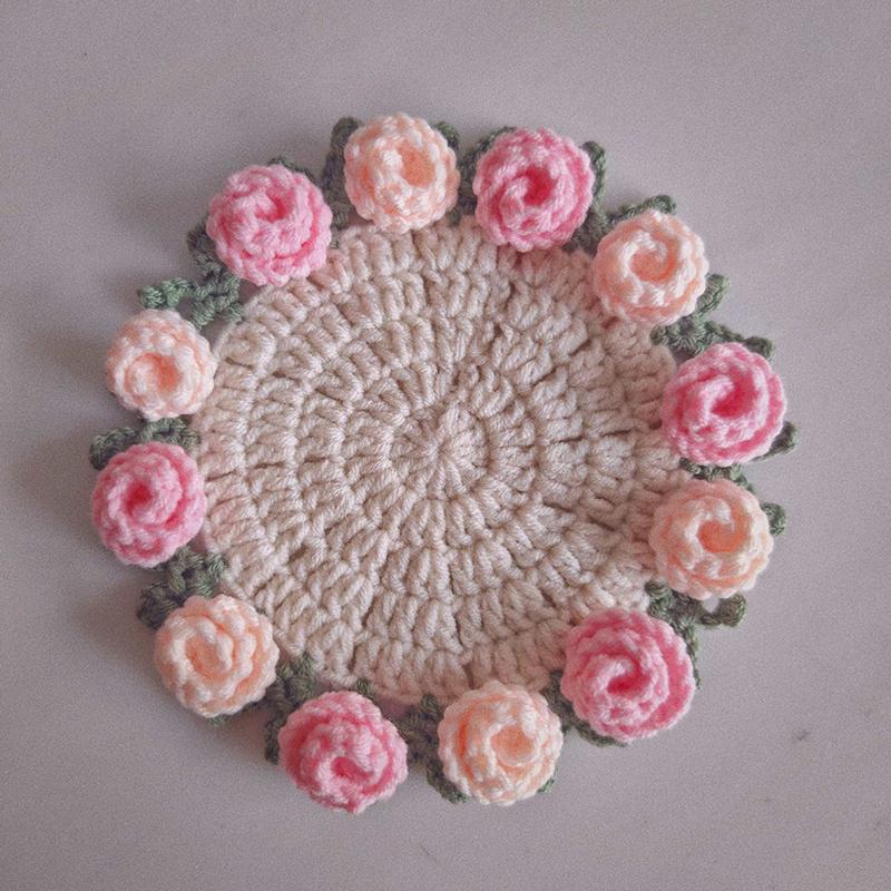 Rose Bouquet Coaster Crochet Flower Placemat Hand Woven Bouquet Cupmat Home Desktop Potted Plant Ornaments Mother's Day Gift