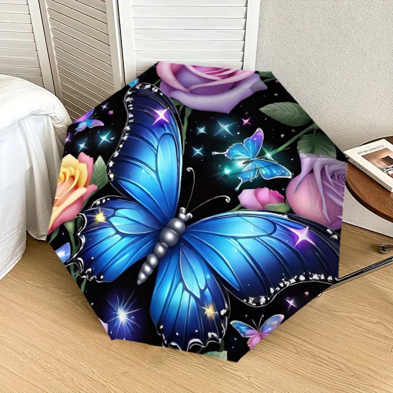 1pc Butterfly Garden with Stars and Flowers Umbrella with Plastic Handle,Suitable for All Seasons Home Travel Outdoor UmbrellaDD161
