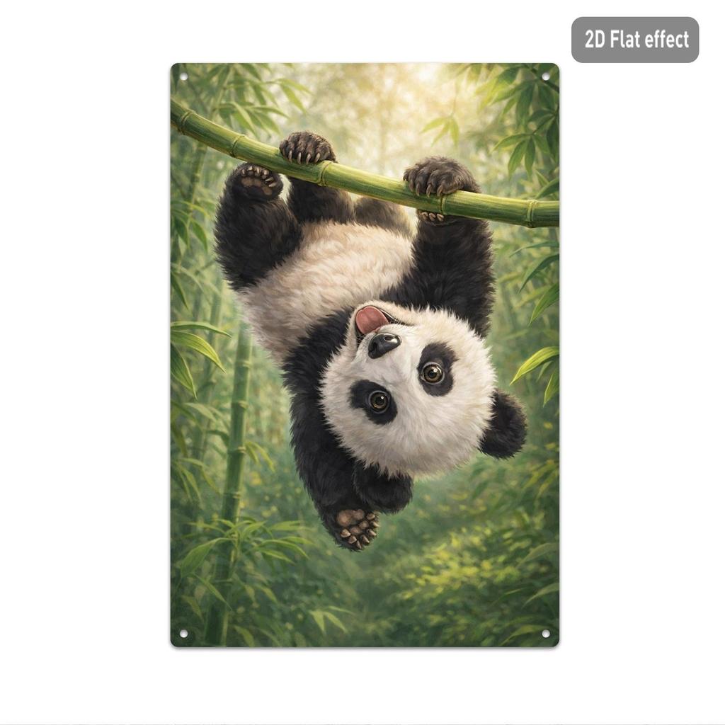 1pc Cute Playful Panda Cub Hanging on Bamboo Branch Iron Decorative Sign, 20x30cm Wall Hanging Plaque, Serene Natural Bamboo Forest Pattern Home Decor