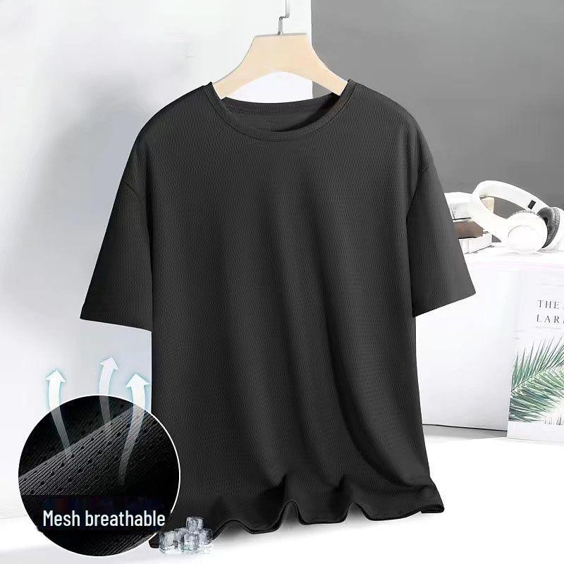 Men's Quick-Dry Gray Ice Silk Mesh Short-Sleeve T-Shirt, Breathable and Trendy Round Neck for Sports