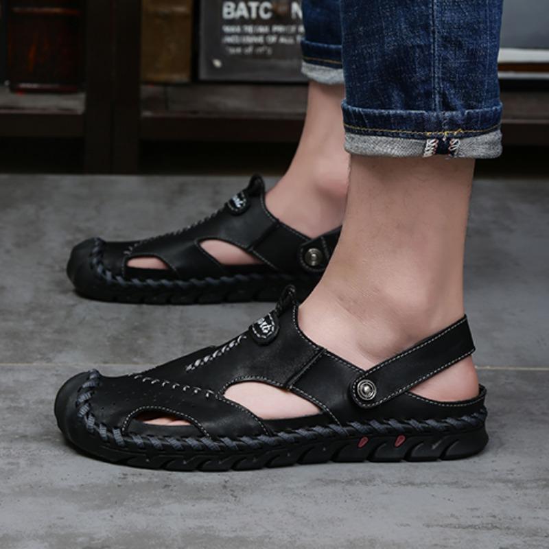 Летние мужские кожаные пляжные сандалии большого размера Мужские сандалии с закрытым носком