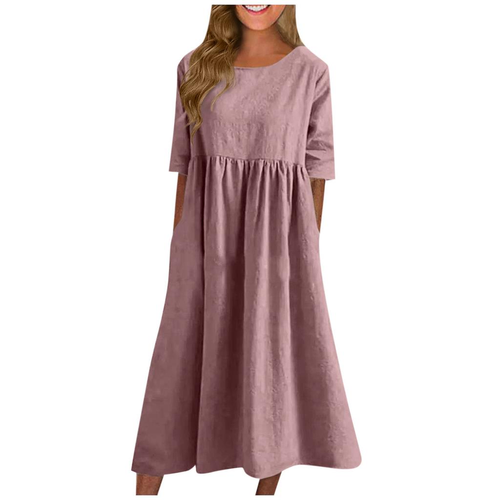 Women's Summer Solid Color Round Neck Half Sleeve Casual Long Solid Color Dress