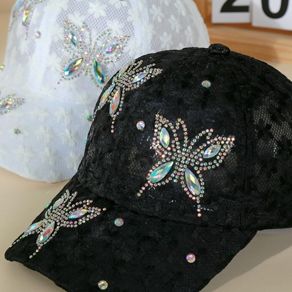 Butterfly Flower Baseball Cap Rhinestone Mesh Peaked Hat Breathable Visors Cap Women