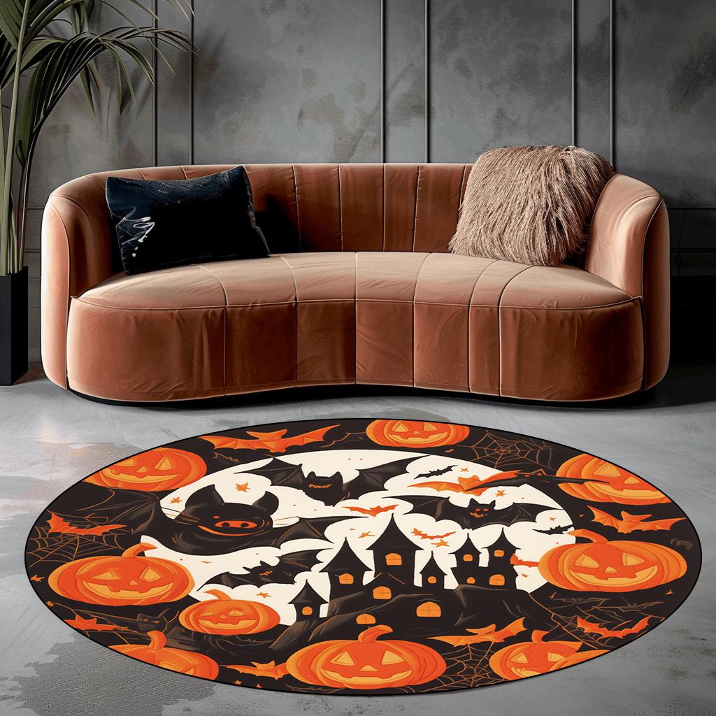 Halloween Bat Pumpkin Round Carpet for Living Room Decoration Sofa Coffee Table Area Chair Mat Non-slip Rugs for Bedroom Bedside