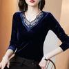 Women's Fashionable Golden Velvet Top Spring Autumn New Mother's Long Sleeve Tshirt Temperament Lace V Neck Bottoming Blouse