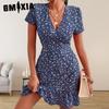 Women's Fashion Summer Spring Floral Print Short Sleeve V-Neck High Waist Casual Dresses
