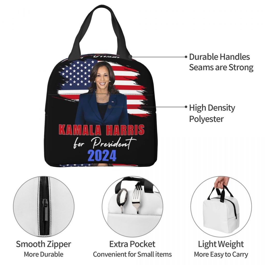 Kamala Harris For President 2024 Insulated Lunch Bag for Women Children Leakproof Food Boxes Thermal Lunch Box Tote