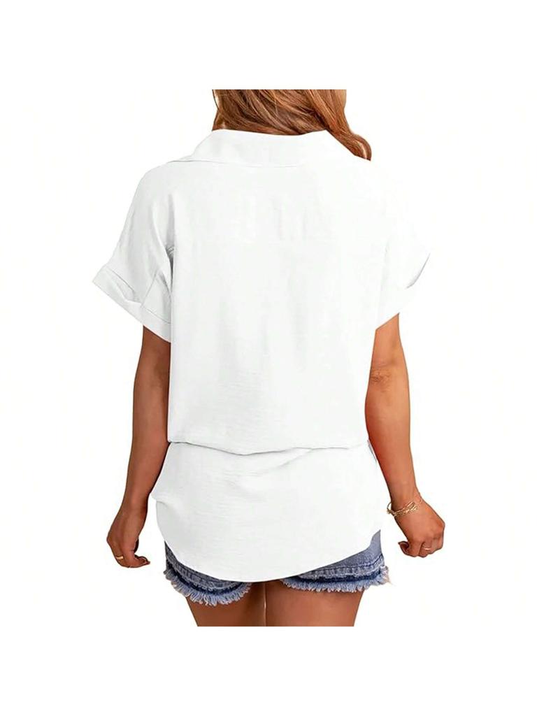 Women's Button Down Shirt Short Sleeve Loose Summer Blouse Top with Pockets