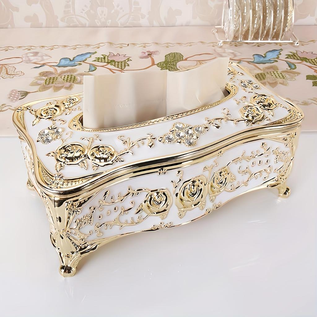 [Коробка для салфеток с узором розы] Роскошная коробка для салфеток с золотым покрытием - Узор розы, Европейский и американский стиль - Подходит для разных комнат и случаев