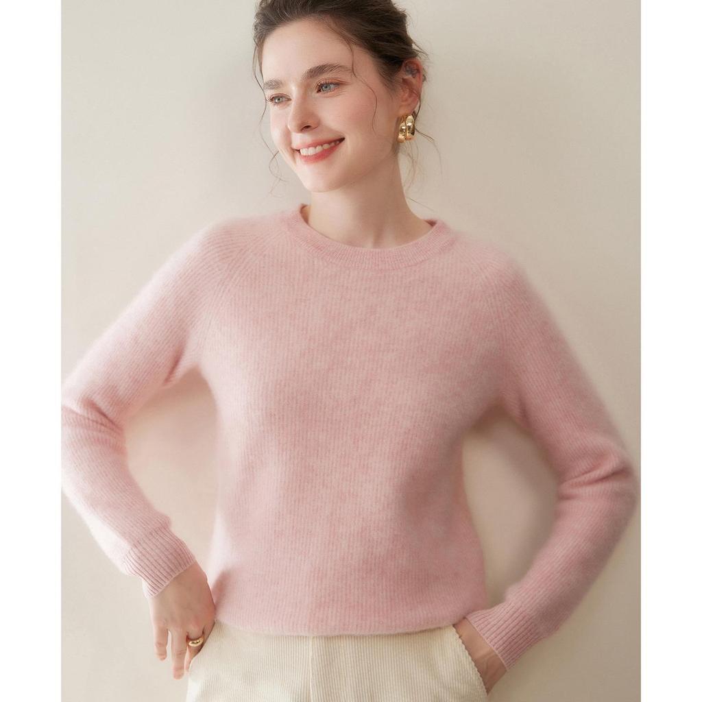 Autumn/Winter 2025 Women's Cashmere Knitwear Sweater: Round Neck, Loose Fit, Seven-Stitch Raglan Sleeves, Soft and Skin-Friendly.