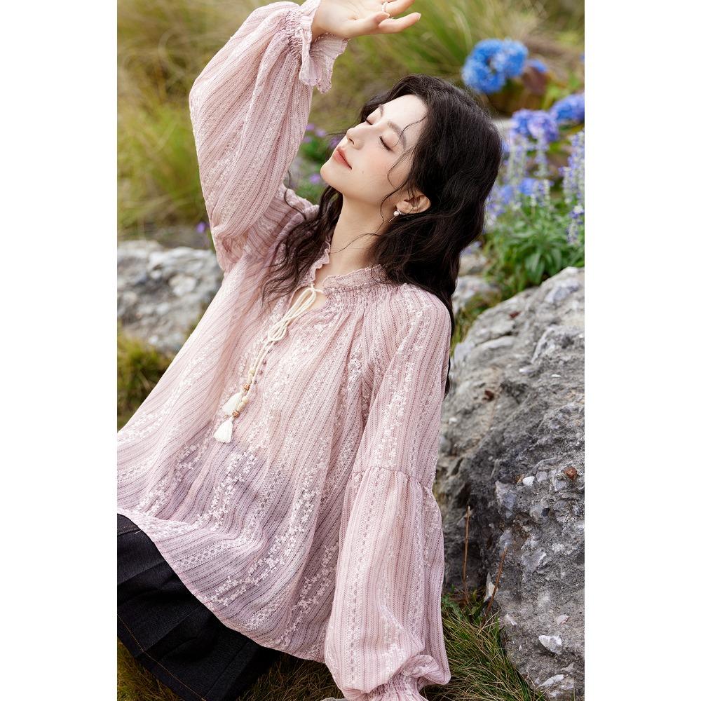 Mishow Модная вышитая блузка с кисточками на бретельках, женская, весна-лето, новая, милая кружевная рубашка с длинными рукавами и буфами MXE11X1704