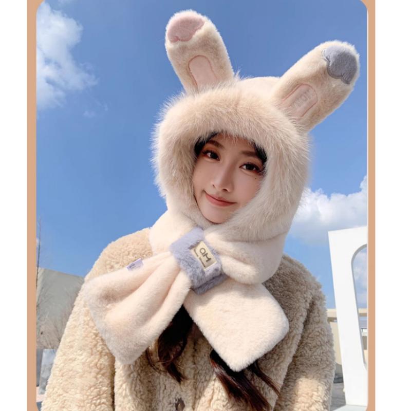 Зимняя симпатичная шапка с шарфом, встроенная шапка, женская утолщенная шапка, зимняя симпатичная плюшевая меховая шапка с шарфом, комплект из двух предметов, теплая ветрозащитная шапка