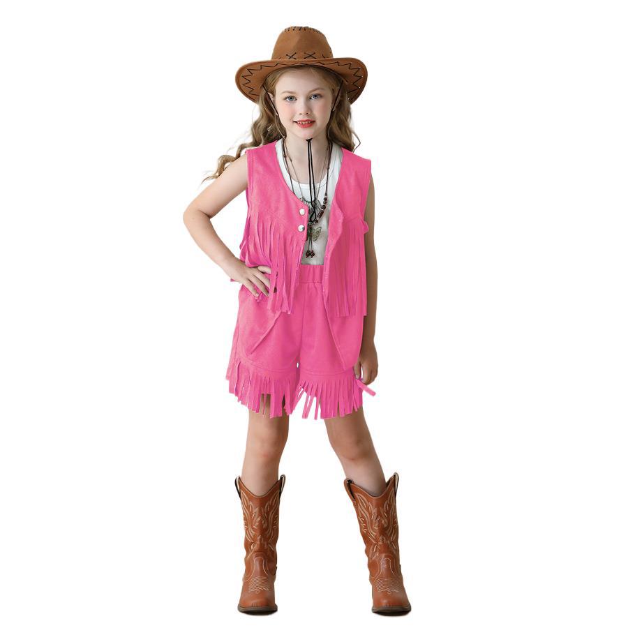 Children's Carnival Tassel Vest Ethnic Style Retro Deerskin Velvet Western Denim Shorts Girls Hippie Performance