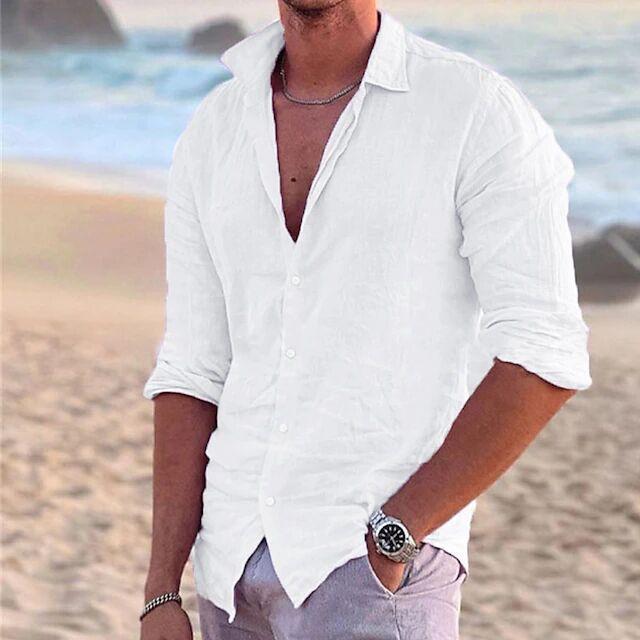 Men's Linen Summer Beach Shirt Long Sleeve Solid Color Lapel Spring Summer Outdoor Street Shirt
