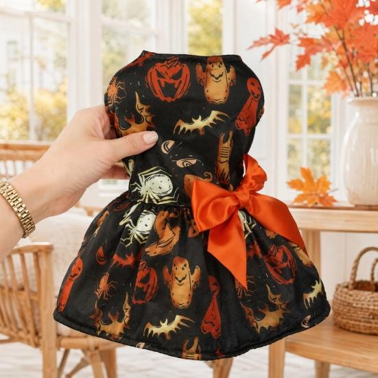 Pumpkin Ghost Spider Bat Costume Funny Halloween Dog Dress, Print Pet Fluffy Hem Skirt Apparel, Puppy with Bow for Small Dogs, Cats