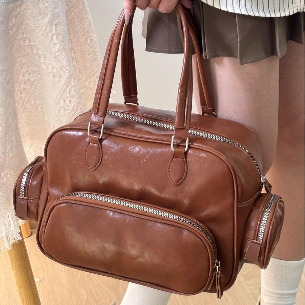 Одноплечевая ретро коричневая сумка для боулинга Осень Зима Новая Универсальная Повседневная Большая Сумка Для Поездок На Работу Простая Многокарманная Сумка