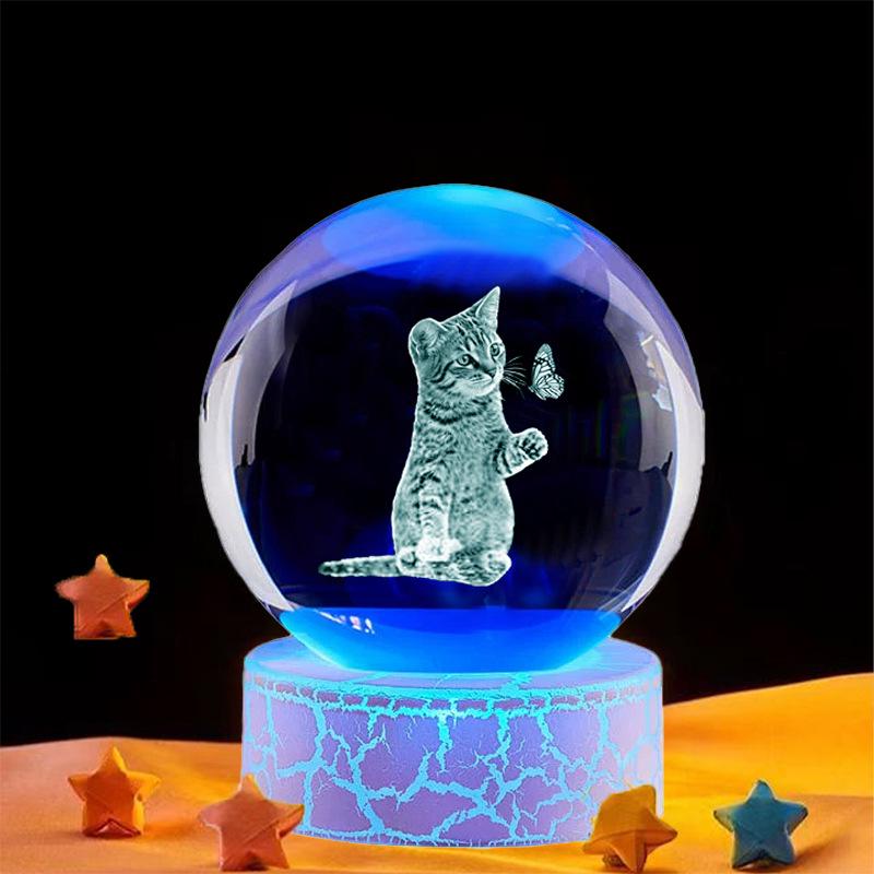 Светящийся хрустальный шар с кошкой, украшение, 3D-резной ночник, праздничный подарок