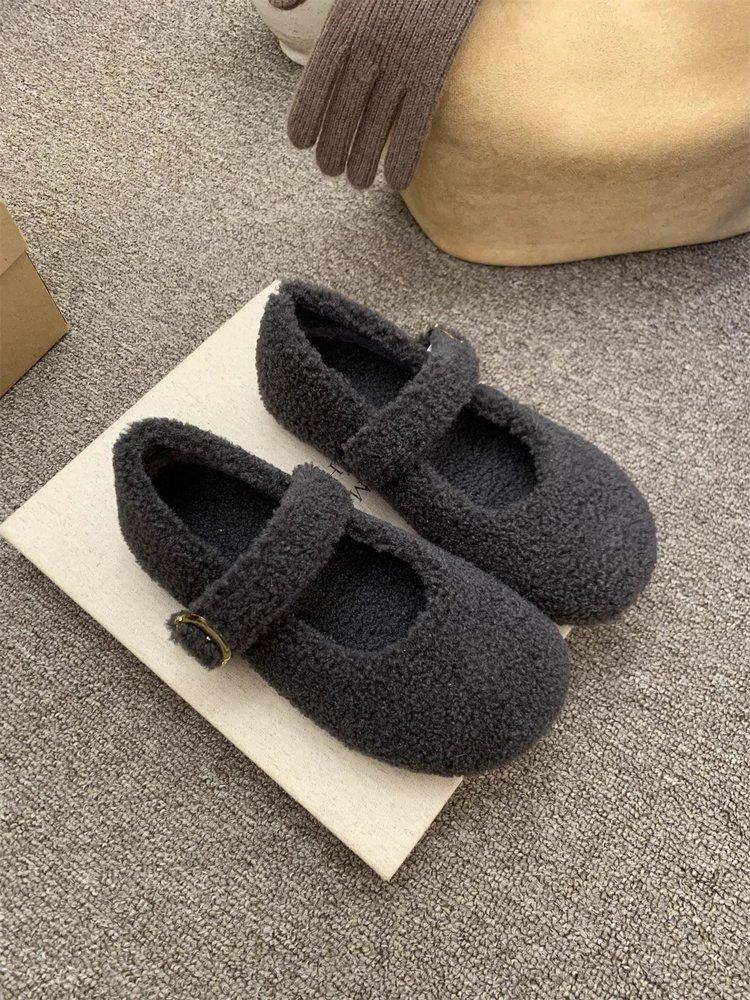 Inner Height Increase Mary Jane Wool Shoes Women's 2025 New One-pedal Lazy Shoes One-word Buckle with Lamb Wool Single Shoes