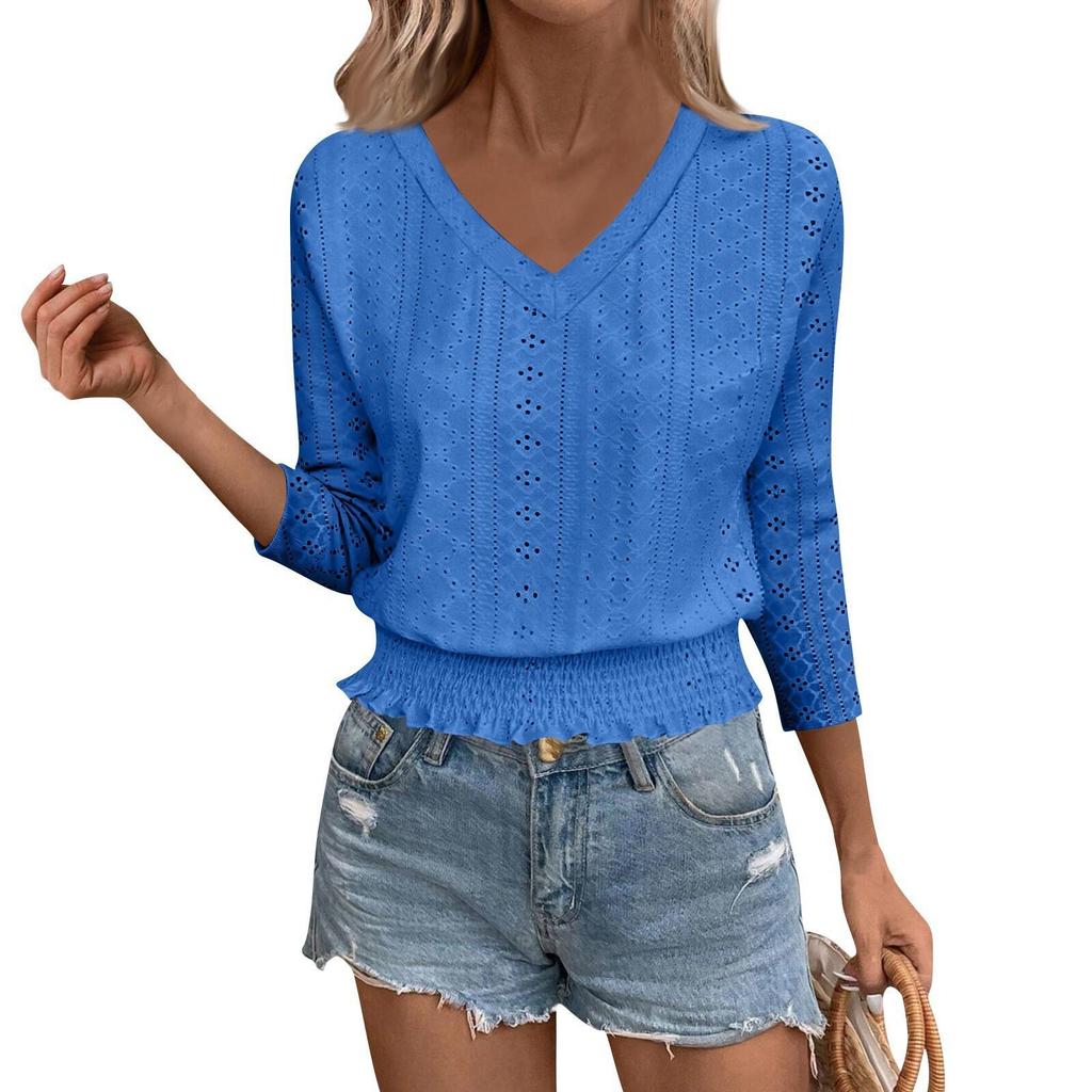 2026 Spring/Summer V-Neck Jacquard Smocked 7-Sleeve T-Shirt - Chic Casual Top