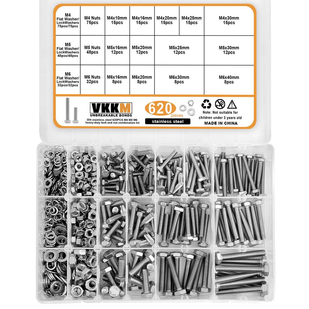 620pcs, 176pcs, and 80pcs of 304 Stainless Steel Outer Hexagon Bolts, Nuts, and Washer Sets.