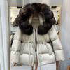 Womens Mid-Length Puffer Coat With Real Fox Fur Collar Slim Fit Drawstring Waist Warm Duck Down Winter Jacket