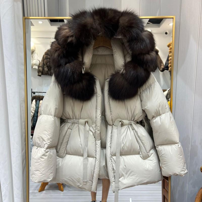 Womens Mid-Length Puffer Coat With Real Fox Fur Collar Slim Fit Drawstring Waist Warm Duck Down Winter Jacket