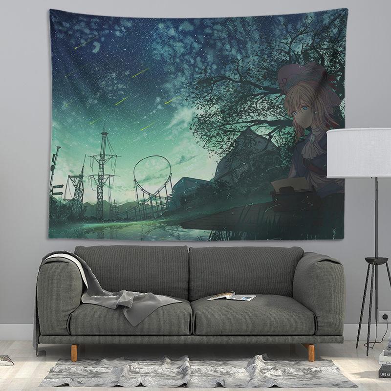 Blonde Anime Girl Typewriter Tapestry Wall Hanging Purple Flower Teddy Bear Vintage Aesthetic Wall Art Dorm Bedroom Decor