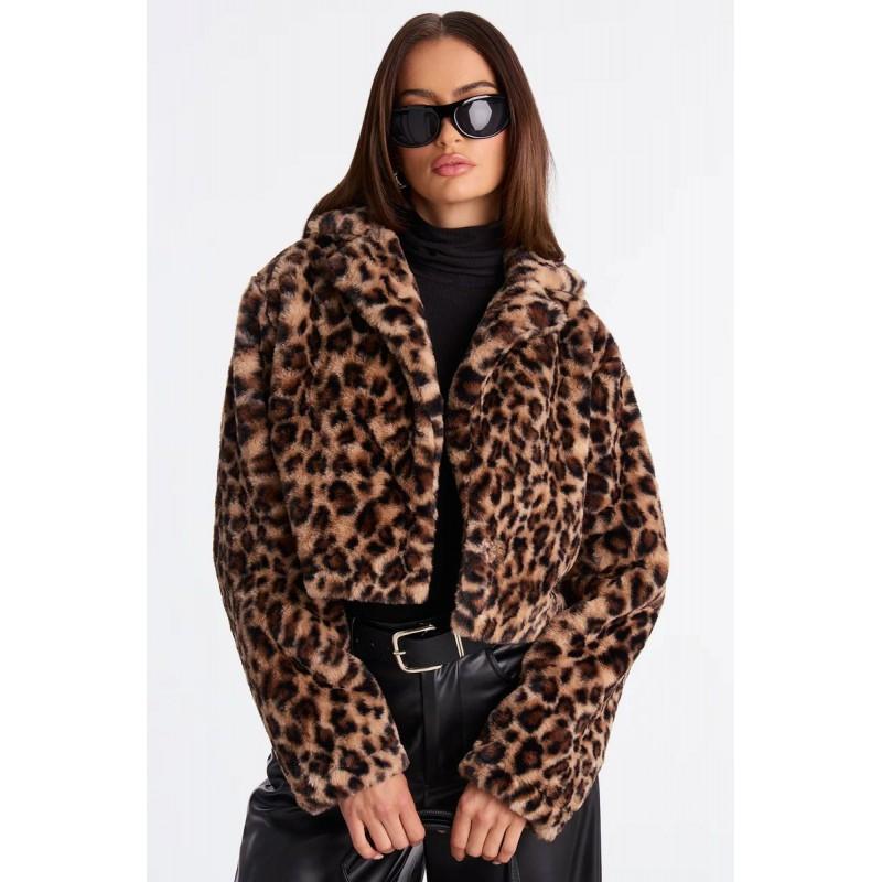 Womens Leopard Print Faux Fur Cropped Jacket Oversized Lapel Warm Retro Y2K Top